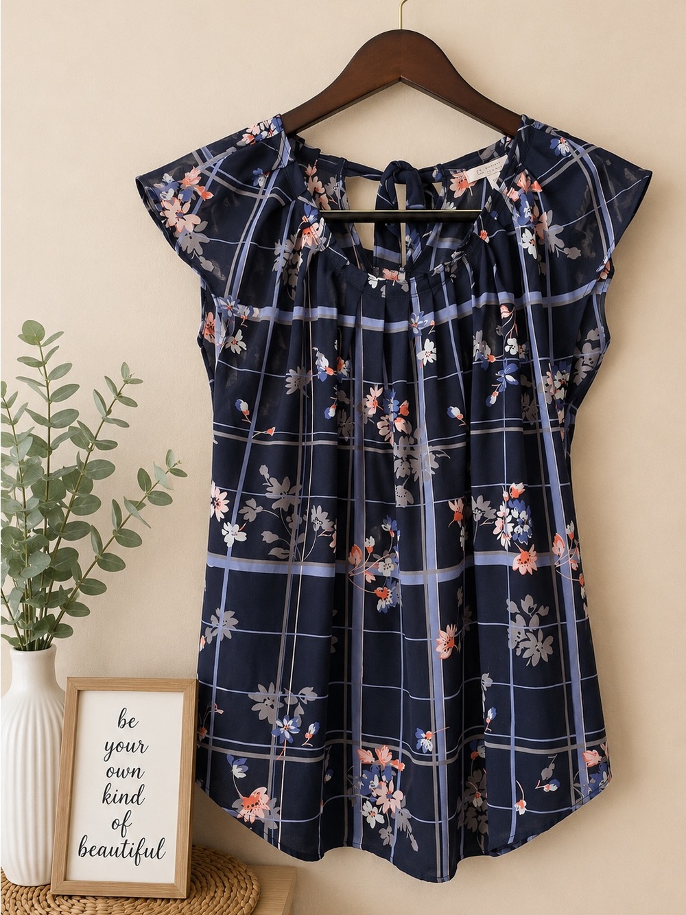LC Lauren Conrad Navy Floral Grid Tie-Neck Flutter Blouse